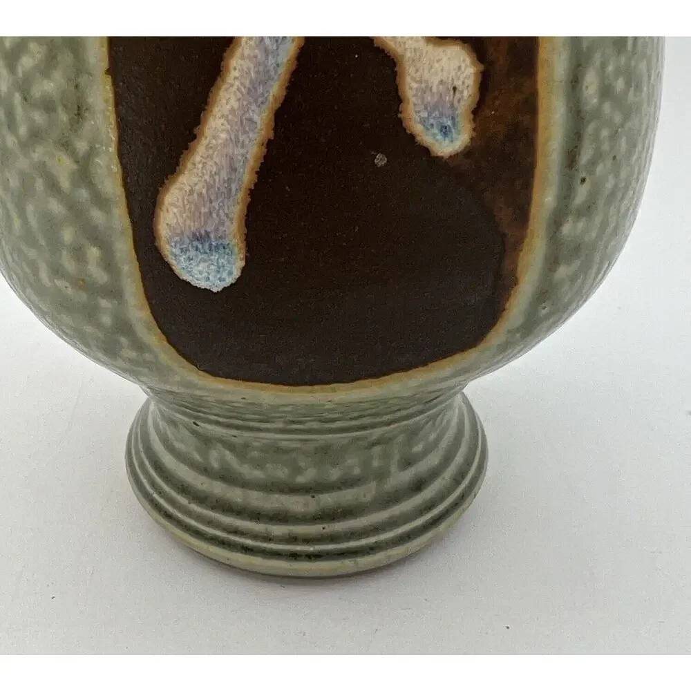 Vtg Asian Stoneware Salt Glaze Vase Green Brown Studion Art Pottery Ceramic 8